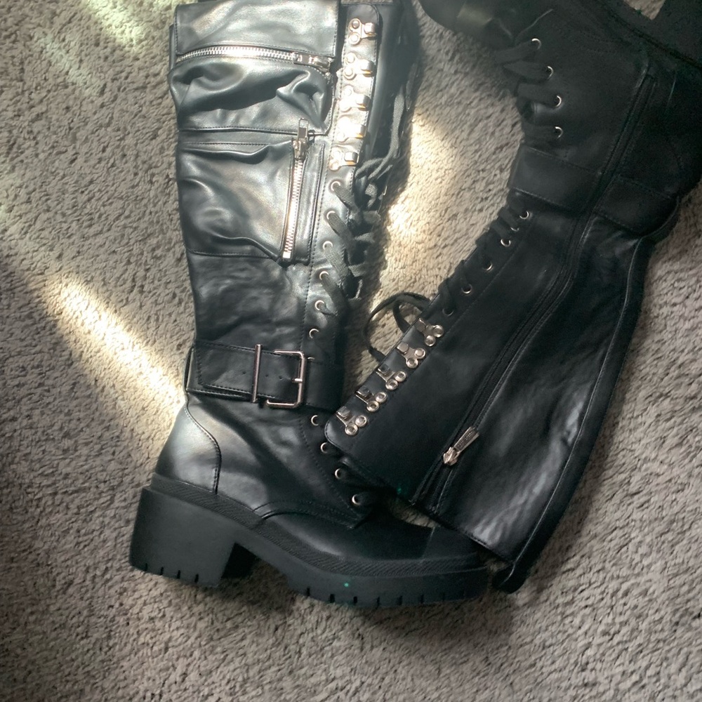 Black Lace-Up Side-Zip Combat Boots for Women